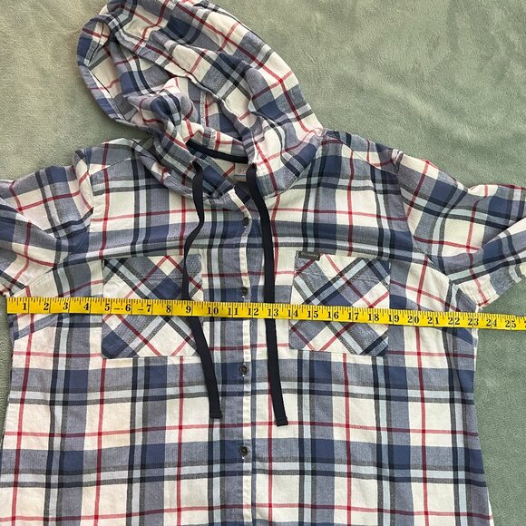 Columbia Flannel Womens XL Red White Blue Plaid Drawstring Button Up Hoodie - Picture 9 of 13
